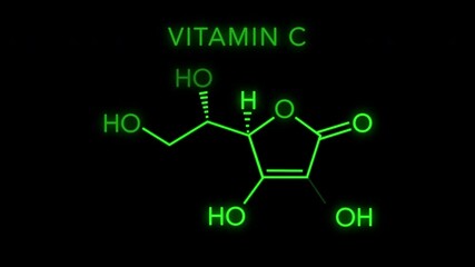 Vitamin C also known as ascorbic acid and ascorbate Molecular Structure Symbol Neon Animation on black background
