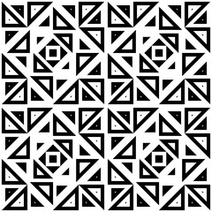 Surface pattern design with squares, triangles, rhombuses. Black polygons abstract. Ethnic embroidery background. Mosaic wallpaper. Minimal art. Digital paper with geometry composition. Vector image.