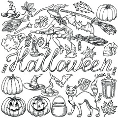 Halloween black and white sketch, set of objects