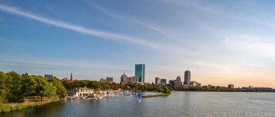 Fototapeta na wymiar Panoramic view of Boston downtown and historic center from the landmark Longfellow bridge over Charles River .