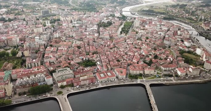 Panoramic view from drone on the city center Pontevedra with embankment of the river Rio Lerez. Galicia. Spain