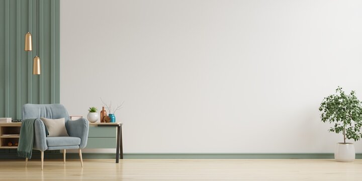 The interior has a armchair on empty white wall background.