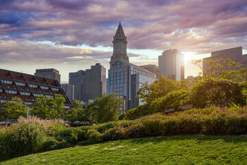 Scenic Boston downtown financial district and city skyline