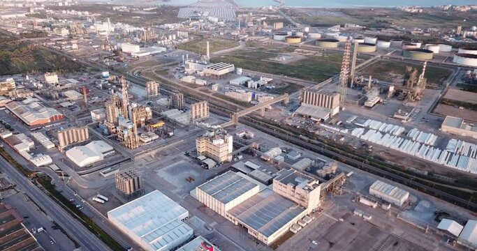 Aerial view of big industrial zone of chemical factory in Salou, Spain