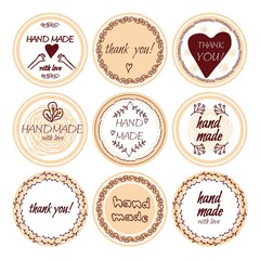 Set of round stickers, badges with text Hand made, thank you, with doodle elements isolated on white background. Collection of different design for shop, seller.