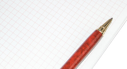 Blank note paper with pen, top view, copy space, banner