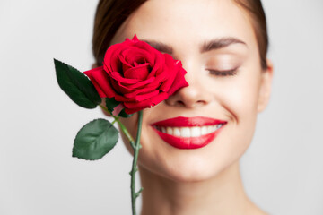 woman with flower Close-up smile rose charm 