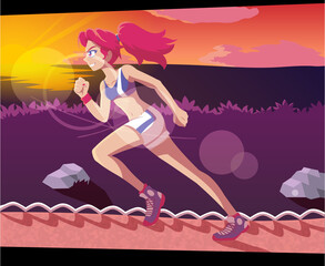 Fitness girl running at sunset