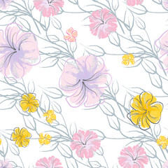 Pink Flowers Blooming Pattern. Pastel Watercolor.
