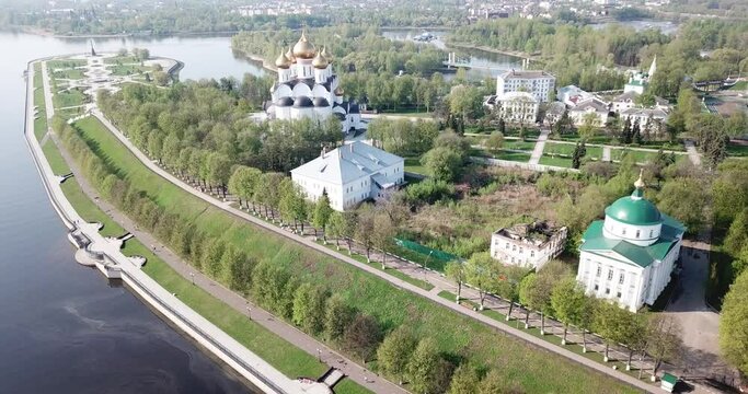 Aerial panoramic view of Yaroslavl cityscape with famous Strelka park and old Assumption Cathedral on sunny summer day, Russia