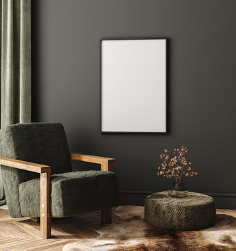 Mock-up frame in dark home interior with armchair and branch in vase, 3d render