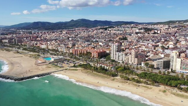 Picturesque aerial view of winter cityscape of Mataro on Mediterranean coast, Costa del Maresme, Spain 