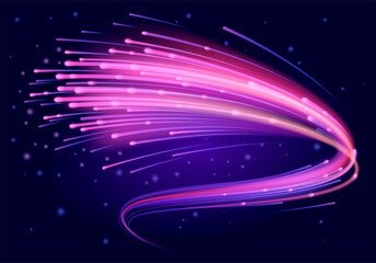 Fototapeta na wymiar Magic swirl lines of purple and pink colors. Abstract shimmering trail with light effect. High speed. Vector illustration
