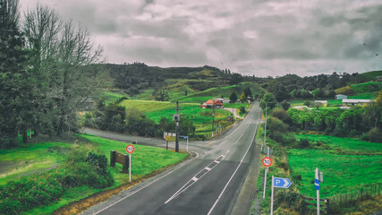 Waitomo countryside and hills in spring season, aerial view of New Zealand