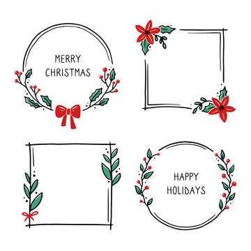 Set of christmas wreath floral frame for text decoration. Hand drawn style illustration.