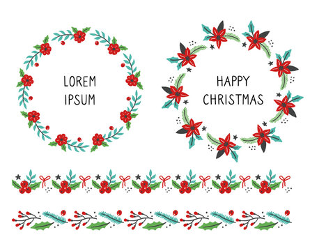 Set of christmas wreath floral frame for text decoration. Hand drawn style illustration.