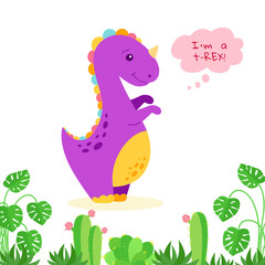 Dinosaur with speech bubble, cartoon style. Funny Tyrannosaurus rex with plants, monstera and cactus. Colorful cute funny kids illustration. Vector isolated on white background