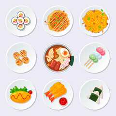 Set of delicious Japanese foods illustration. sushi, okonomiyaki, yakisoba, takoyaki, ramen , dango, omurice, ebi furai, onigiri.