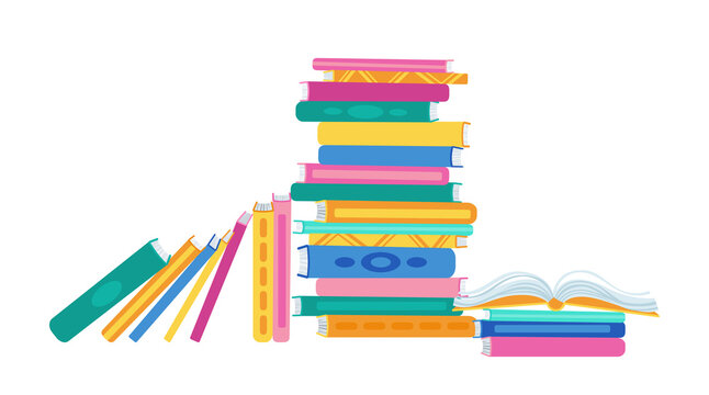 Stack of books. Flat pile of books in row, collection literature. Cartoon office, school interior study, college bookcase. Symbol knowledge intellectual. Vector illustration on white background