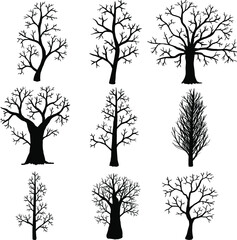 Vector set of silhouettes of bare autumn tree on white background.