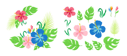Tropical bouquet flowers and leaves. Hawaiian cartoon card. Floral flat composition for invitation or holiday. Monstera, palm and wild flowers collection. Exotic hand drawn jungle. Vector illustration