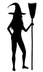 vector witch silhouette with broom on white background