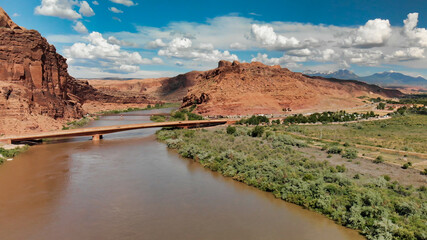 Aerial view of Colorado river and mountains near Moab, Utah