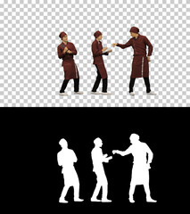 Obraz premium Two funny cooks in red uniform following bossy head cook writing