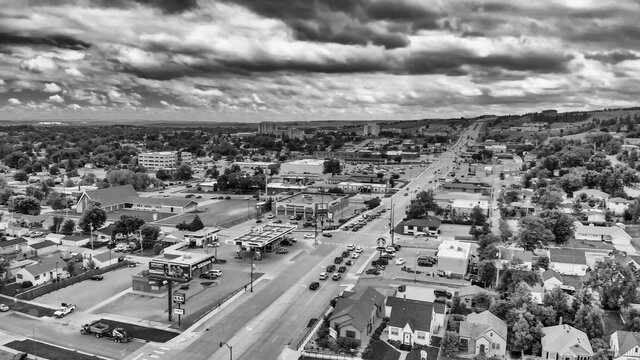 RAPID CITY, SD -JULY 2019: Arial view of Rapid City on a cloudy summer day, South Dakota