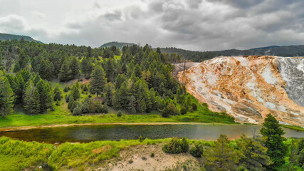 Mammoth Hot Springs, Yellowstone National Park. Aerial view from drone viewpoint