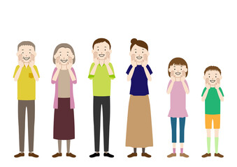 Illustration of a three generation family (grandfather, grandmother, father, mother, girl, boy set) Calling pose