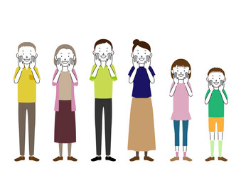 Illustration of a three generation family (grandfather, grandmother, father, mother, girl, boy set) Calling pose