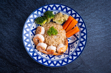 Thai food consisting of rice, fresh shrimp, vegetables and chili paste, healthy food for health lovers and new lifestyles in modern times