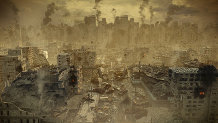 Apocalypse survivor concept, Ruins of a city. Apocalyptic landscape 3d render , 3d illustration...
