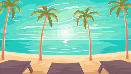 Sun loungers on a sea or ocean beach under palm trees. Sunset on the beach under the palm trees. Summer or luxurious beach for holidays. Sunset under palm trees on the beach. Vector illustration.