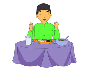 vector graphic illustration before eating, don't forget to pray as a form of gratitude to Allah SWT. for the food it gives delicious