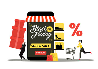 black friday shop,woman shop online stor, promo purchase marketing illustration