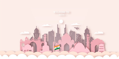 India Travel Ticket Postcard, poster, tour advertising of world famous landmarks of India. Vector illustration.