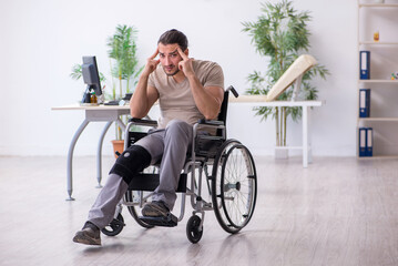 Young leg injured man in wheel-chair