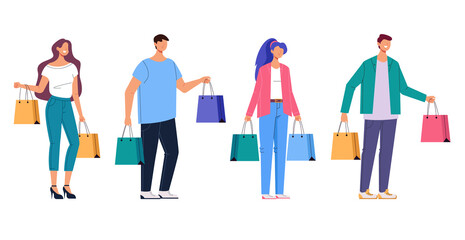 People man woman with shopping bag isolated set. Vector flat graphic design cartoon illustration