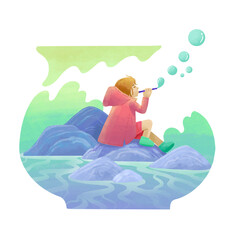 An illustration of the girl blowing bubbles on the rock.