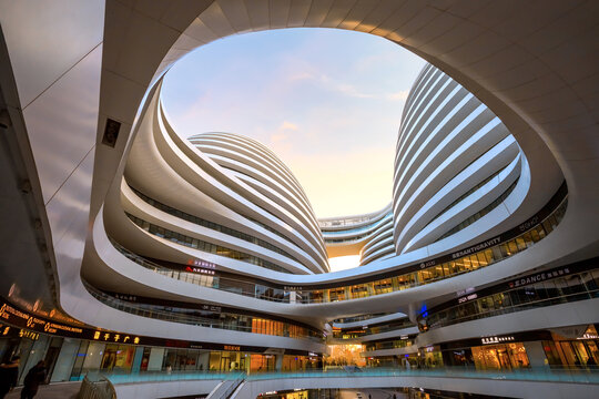 Beijing, China - Jan 12 2020: Galaxy Soho Building is an urban complex opened in 2014, designed by  architect Zaha Hadid. The complex offers shops, offices and entertainment facilities.