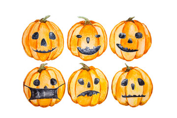 Halloween set hand drawn watercolor various pumpkins