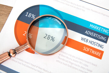 Naklejka premium Financial information on a golden magnifying glass