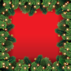 Naklejka na ściany i meble Christmas tree branches with decorations on red background. Vector