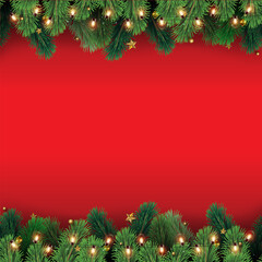 Naklejka na ściany i meble Christmas tree branches with decorations on red background. Vector