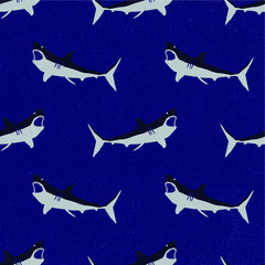 dark blue tiger shark seamless pattern with grunge background