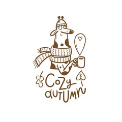 Autumn card with  cute cartoon giraffe with  mug of tea.Ffunny animal with  hot drink. Vector contour image no fill.