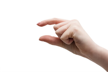 Too small. Beautiful young woman gesturing small size with her fingers isolated on white. Women's hand showing a small size. Women's hand. Woman's fingers meaning small size