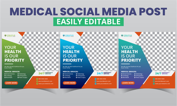 Medical social media layout post design digital marketing vector. Creative abstract geometric promo Social Media Healthcare Post square web banner timeline advertising templates with photo collage.